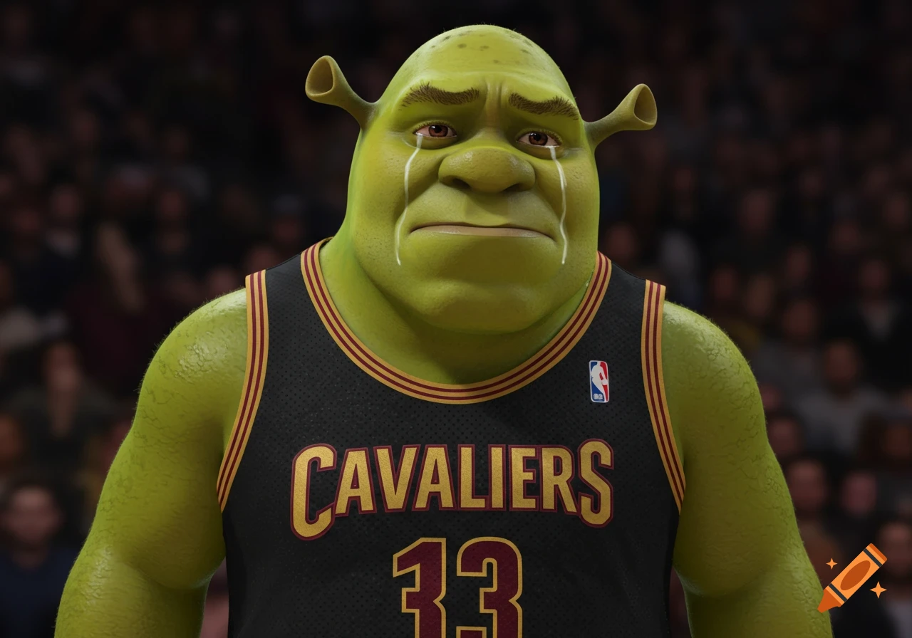 Shrek cries while wearing a black Cleveland Cavaliers basketball jersey with the number 13.