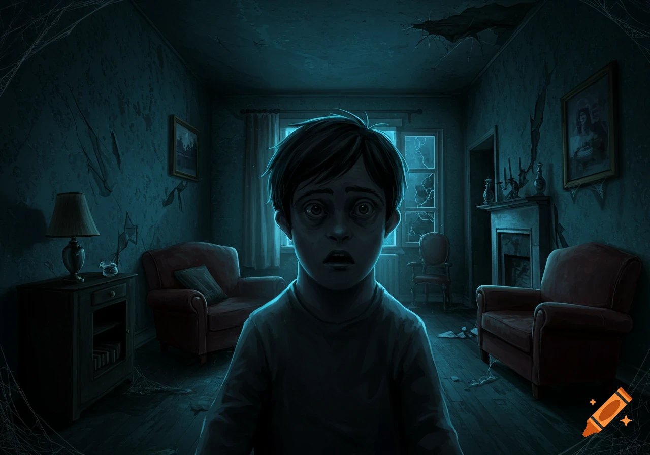 Scared child in a dark, creepy room with cracked walls and cobwebs.