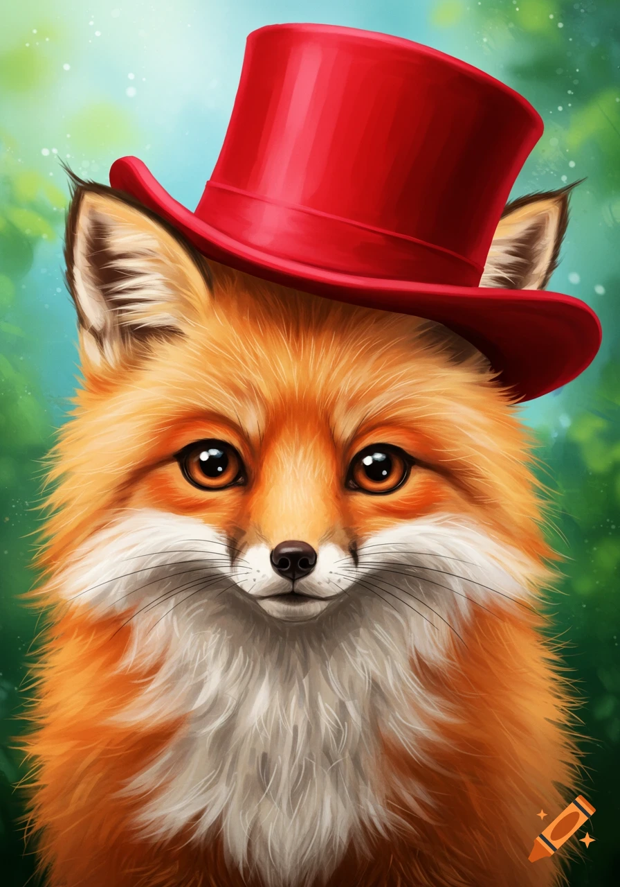 A cute fox wearing a red top hat in a forest background.