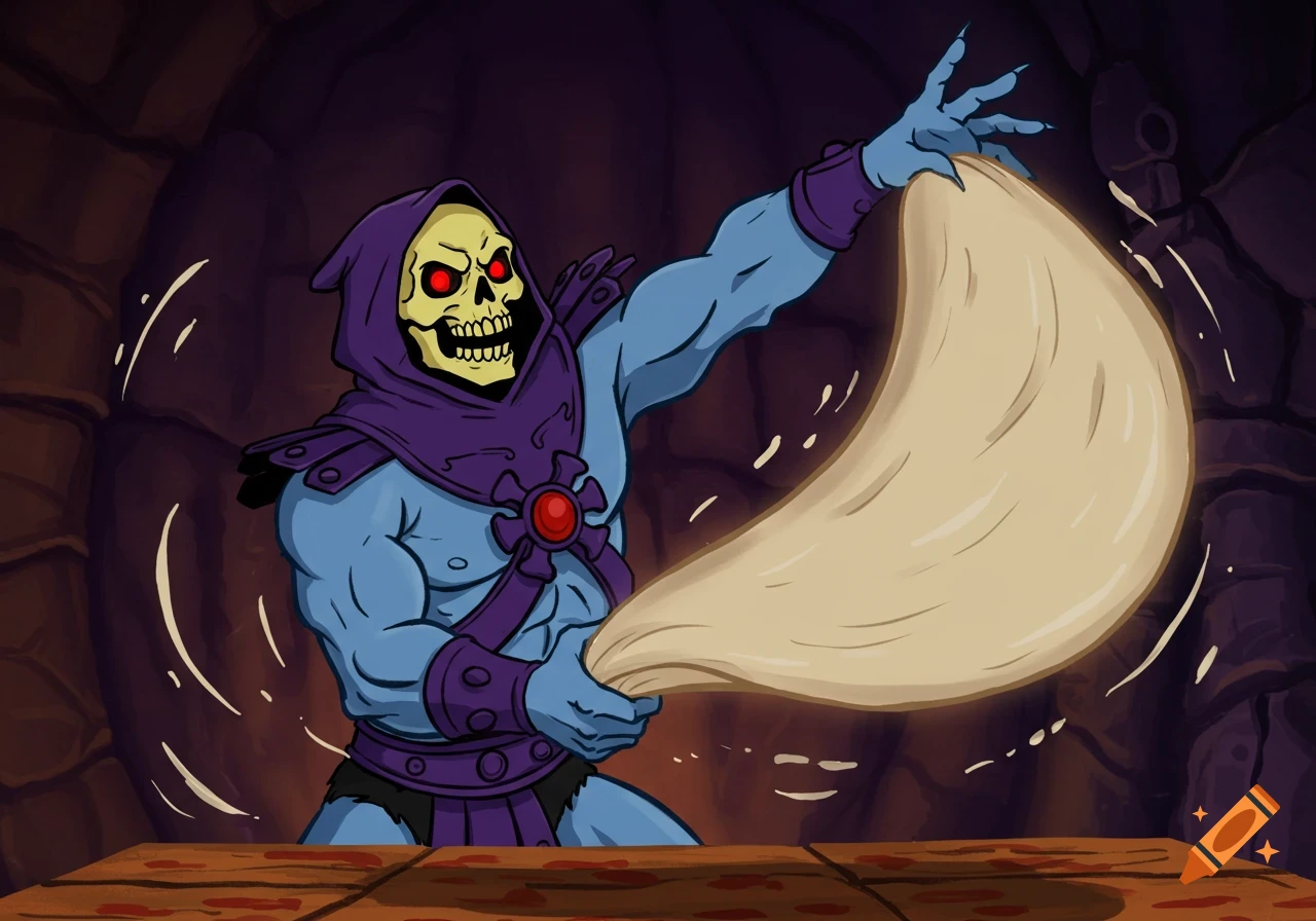 Cartoon of Skeletor spinning pizza dough