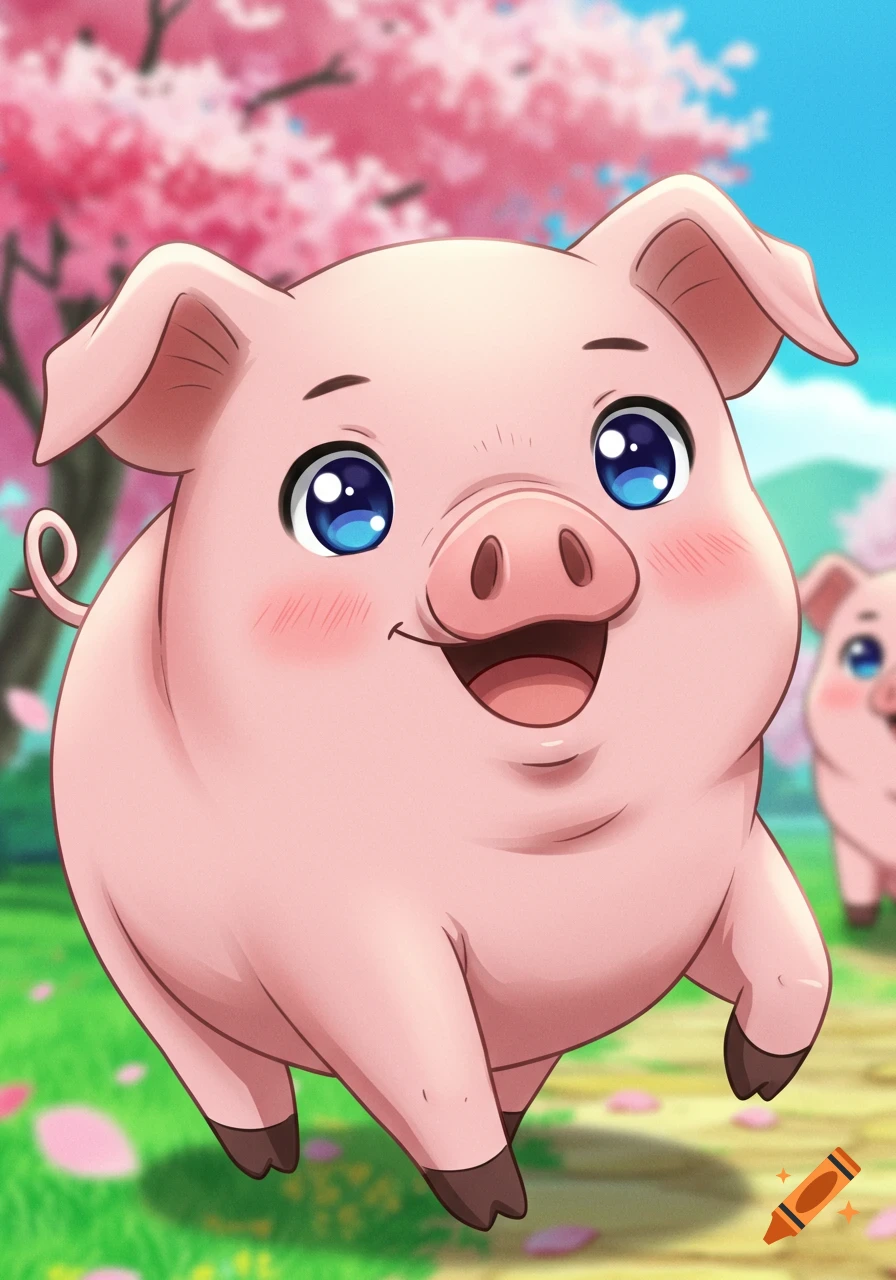 Anime style drawing of a happy pink pig running under cherry blossoms.
