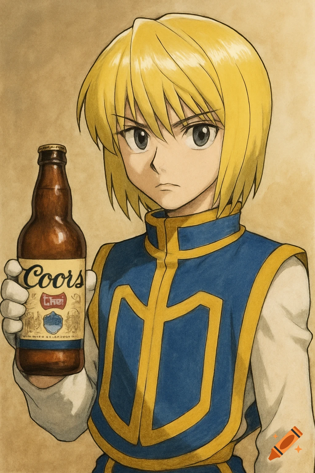 Anime character Kurapika holding a bottle of Coors beer