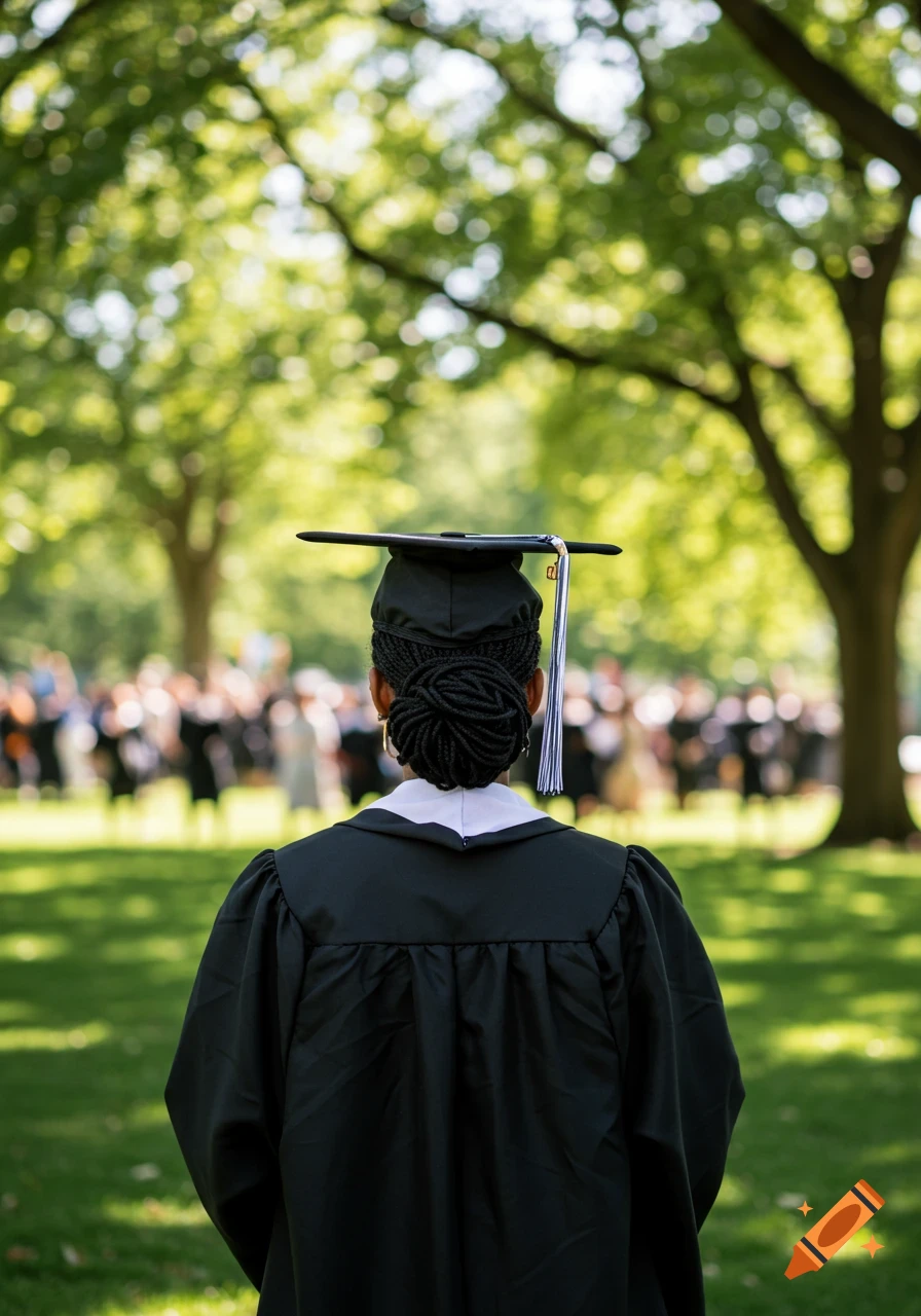 Back view of a person in a graduation cap and gown standing outside.