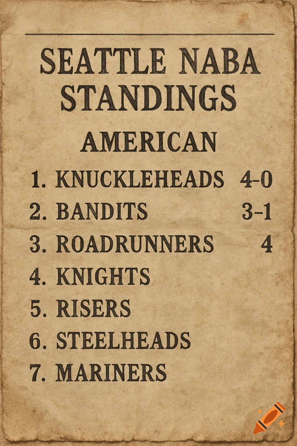 A vintage newspaper clipping showing Seattle NABA American league standings.