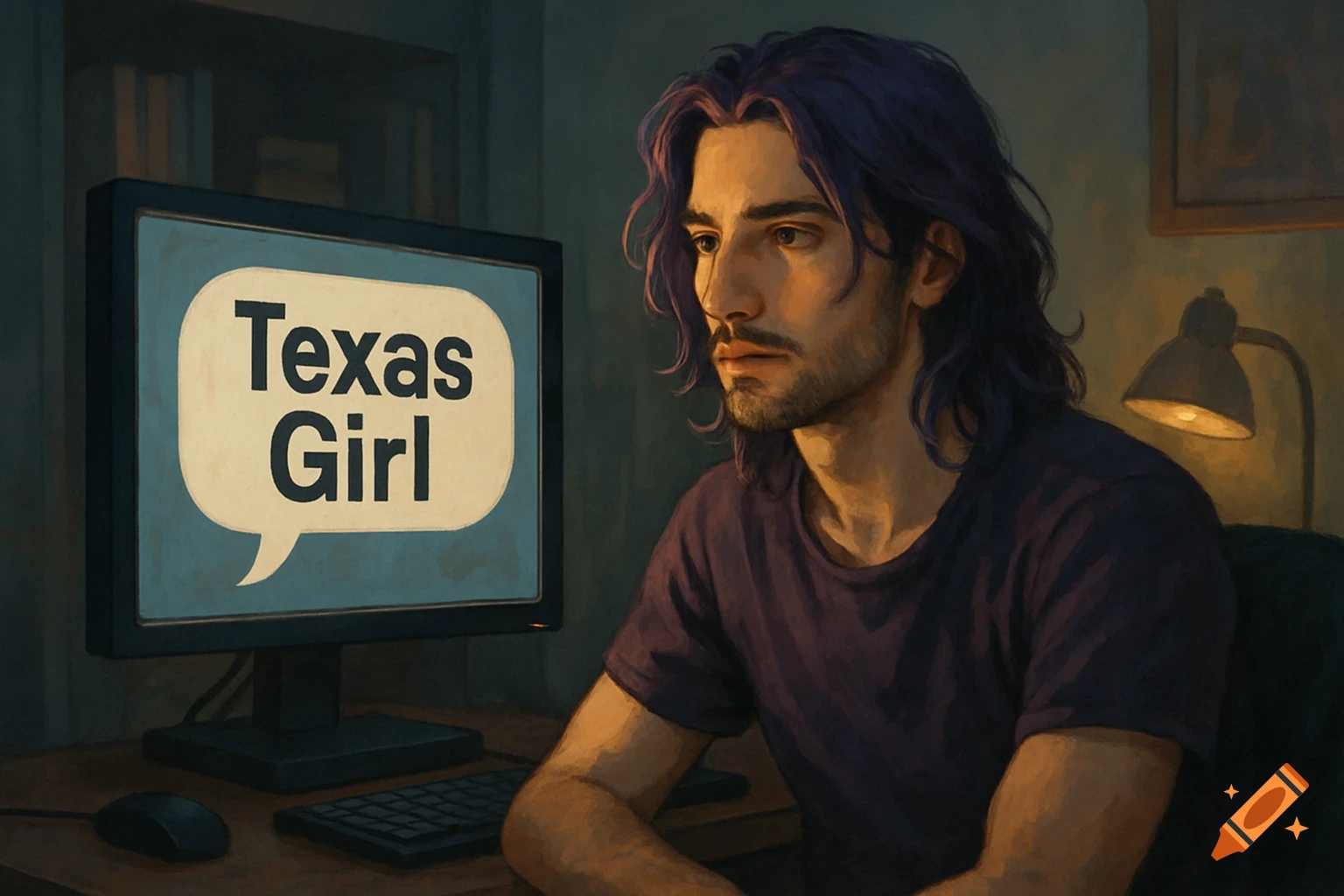 A man with purple hair and stubble looks at a computer screen displaying a speech bubble with 'Texas Girl' in a dimly lit room.