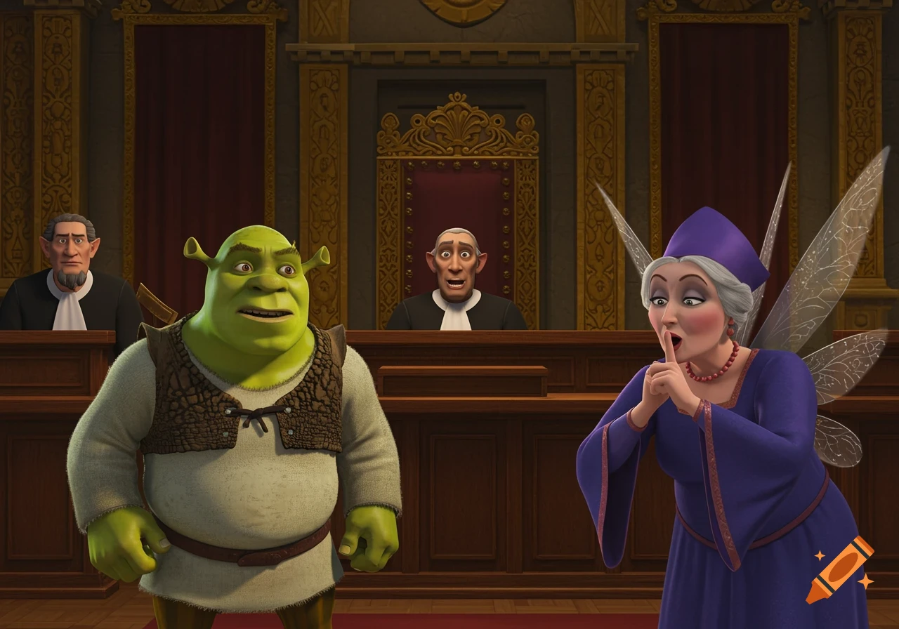 Shrek and Fairy Godmother in a courtroom with two judges in a CGI animation style.