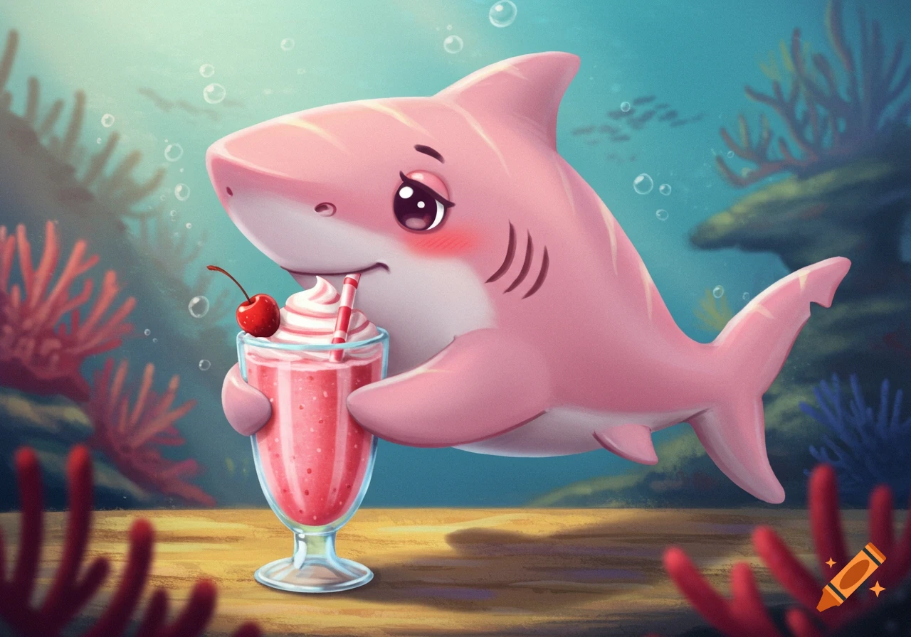 A shy pink cartoon shark drinks a milkshake underwater.