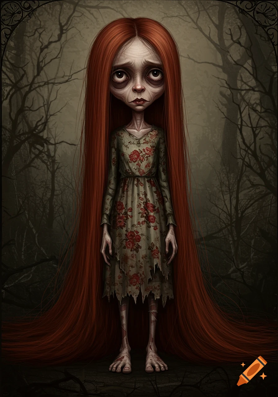 A gaunt, long red-haired girl in a tattered dress stands in a dark, misty forest.