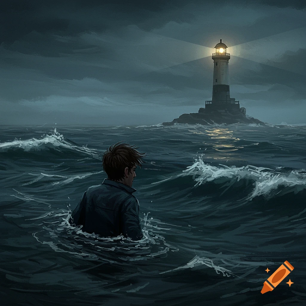 Illustration of a person in dark, choppy water looking towards a distant lighthouse under a stormy sky.