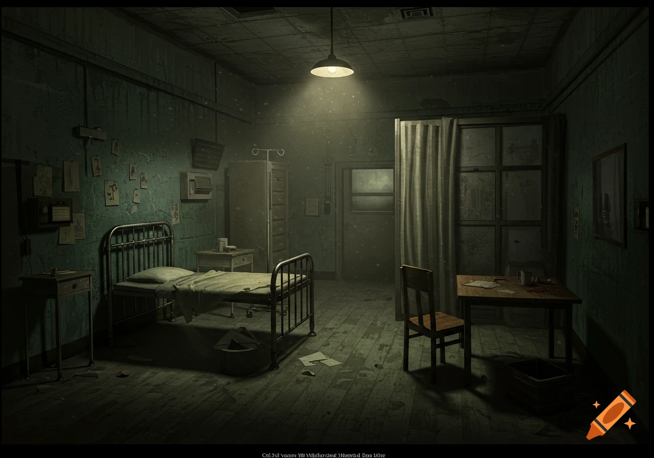 A dark, eerie room with a bed, table, and curtains, resembling an abandoned institution.