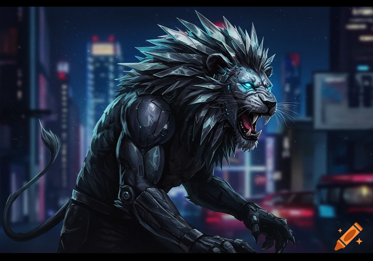 Anthropomorphic cybernetic lion with glowing eyes in a dark city at night, digital art.