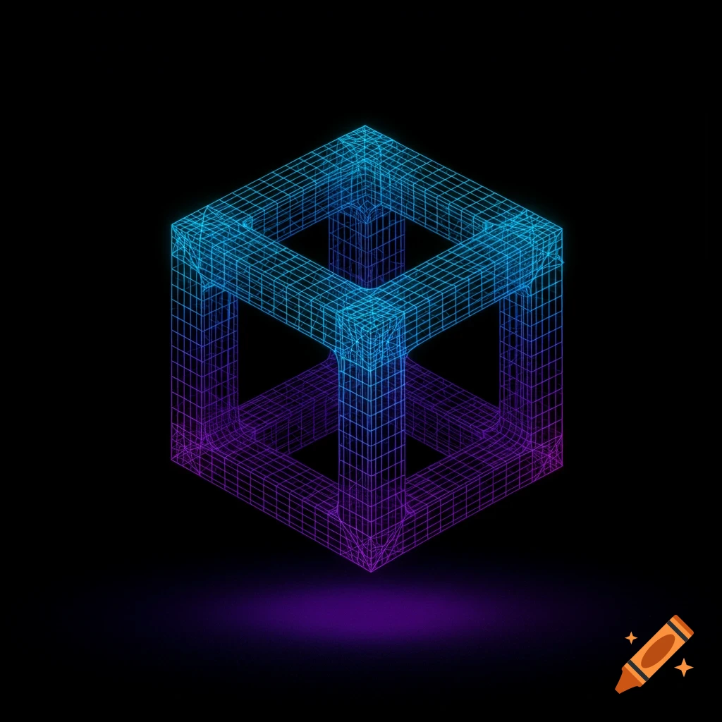 A glowing blue and purple wireframe cube on a black background.