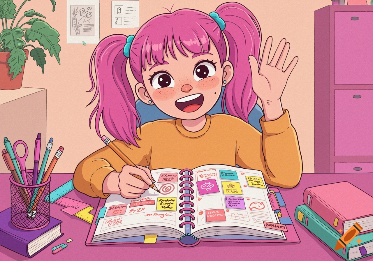 Cartoon girl with pink pigtails smiles while writing in a planner at a desk with school supplies.