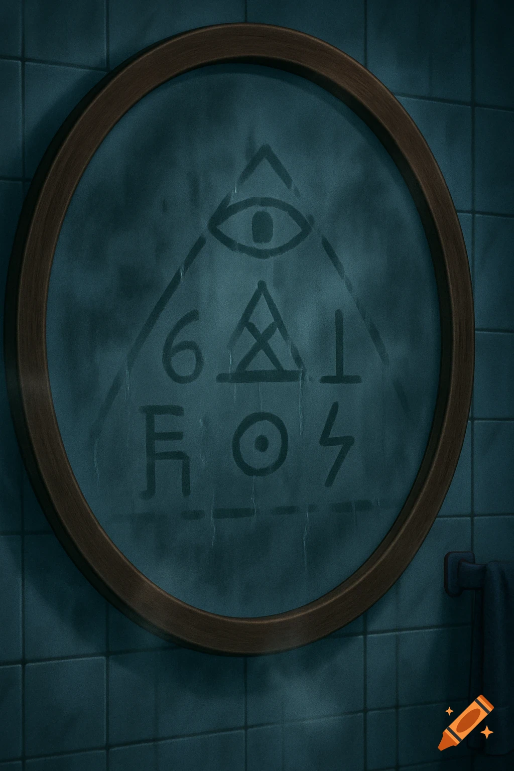 Anime scene of strange symbols drawn on a fogged mirror in a bathroom.