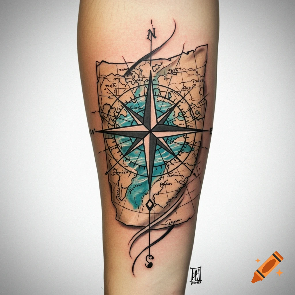 Realistic tattoo on an arm showing an old map with a large compass rose over it, in a graphic style.