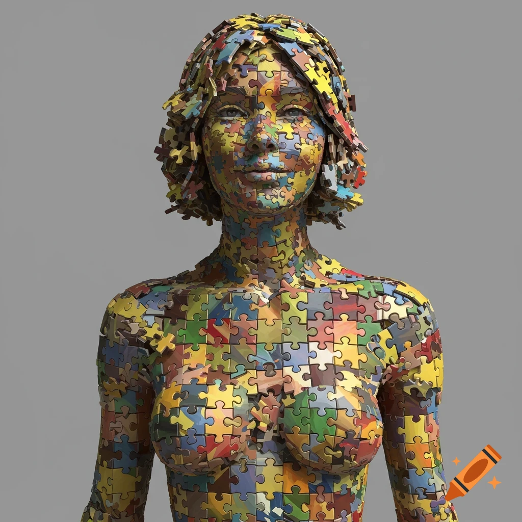 Upper body of a person made of colorful puzzle pieces
