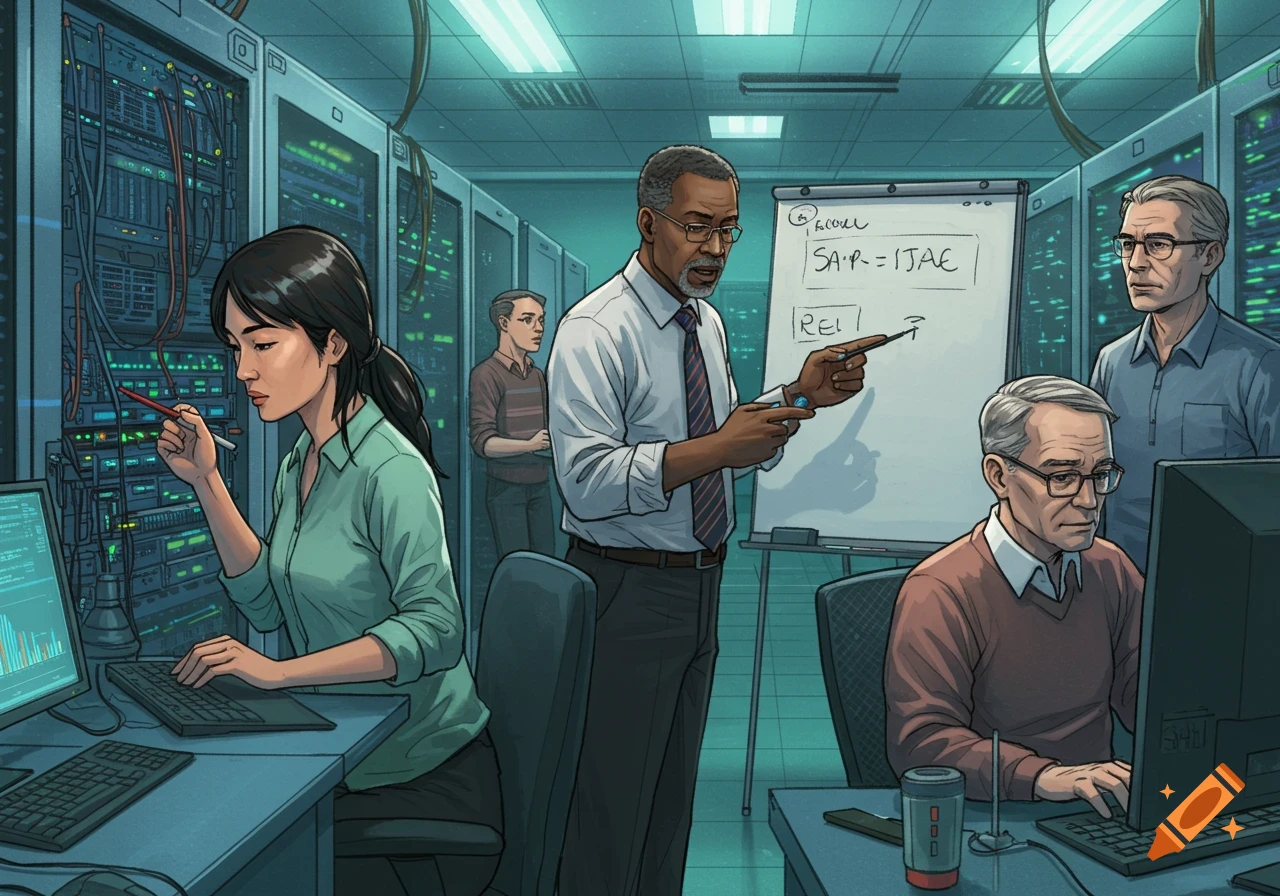 Illustration of people discussing in a server room, one points at a whiteboard