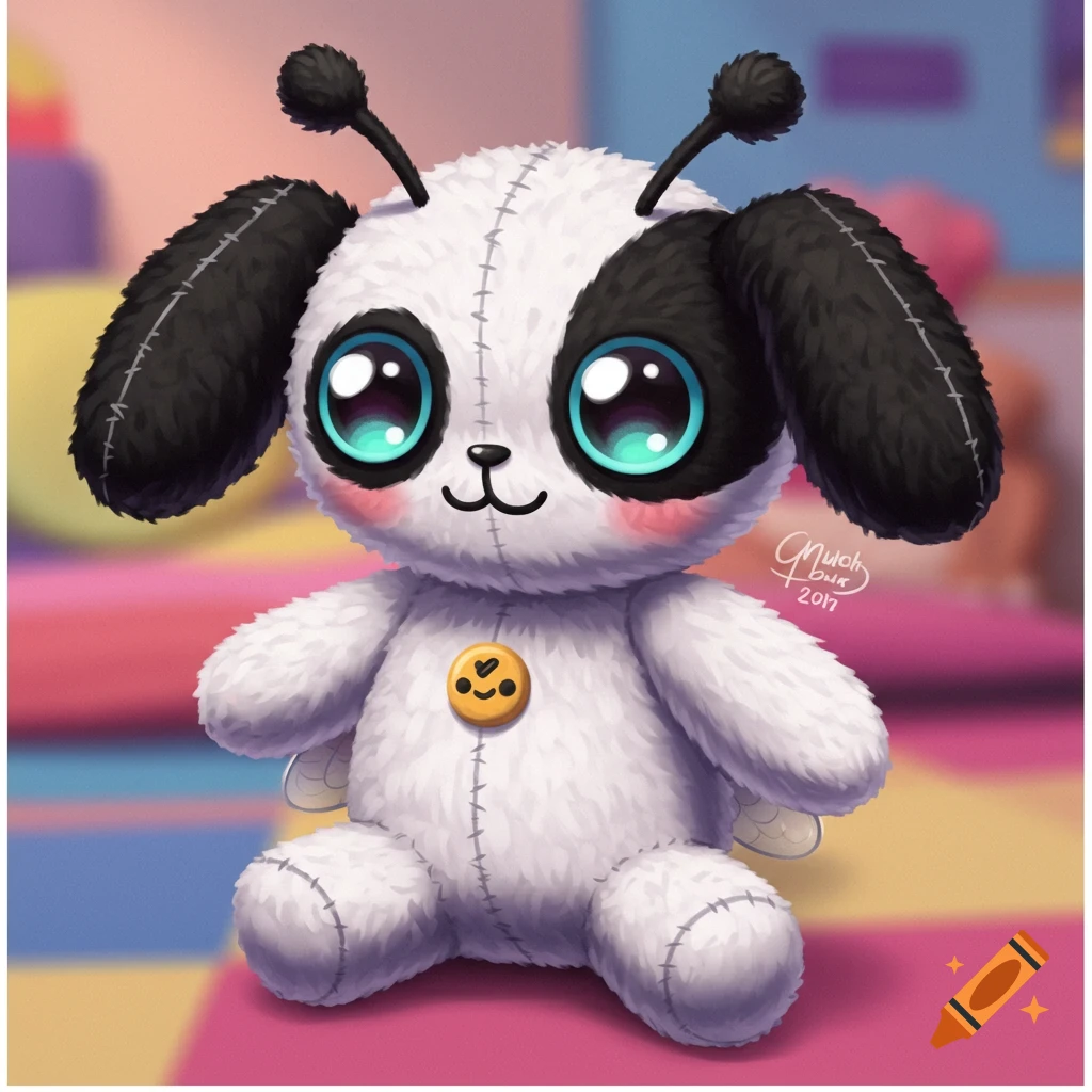 A cute stuffed toy that resembles a white dog with black ears and eye patches, featuring bee antennas and tiny wings, sitting on a colorful surface.