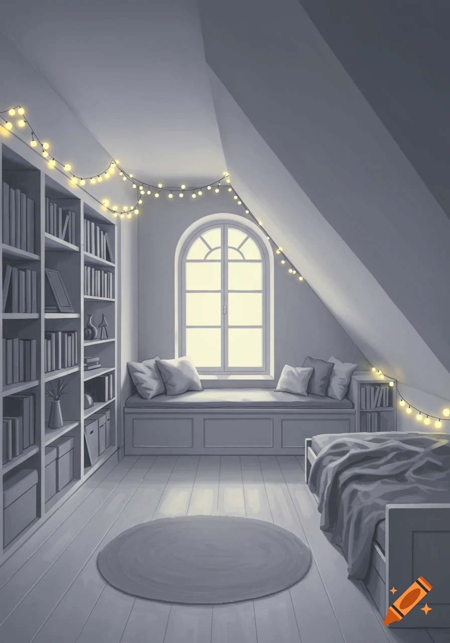 Cozy room with a bookshelf, window bench, bed, and string lights under an attic slant.