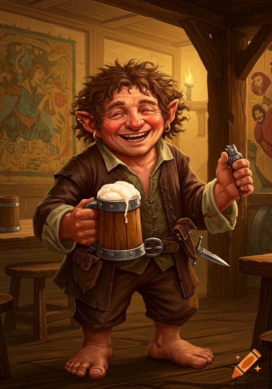 A happy hobbit in a tavern smiles while holding a mug of beer and a small object.