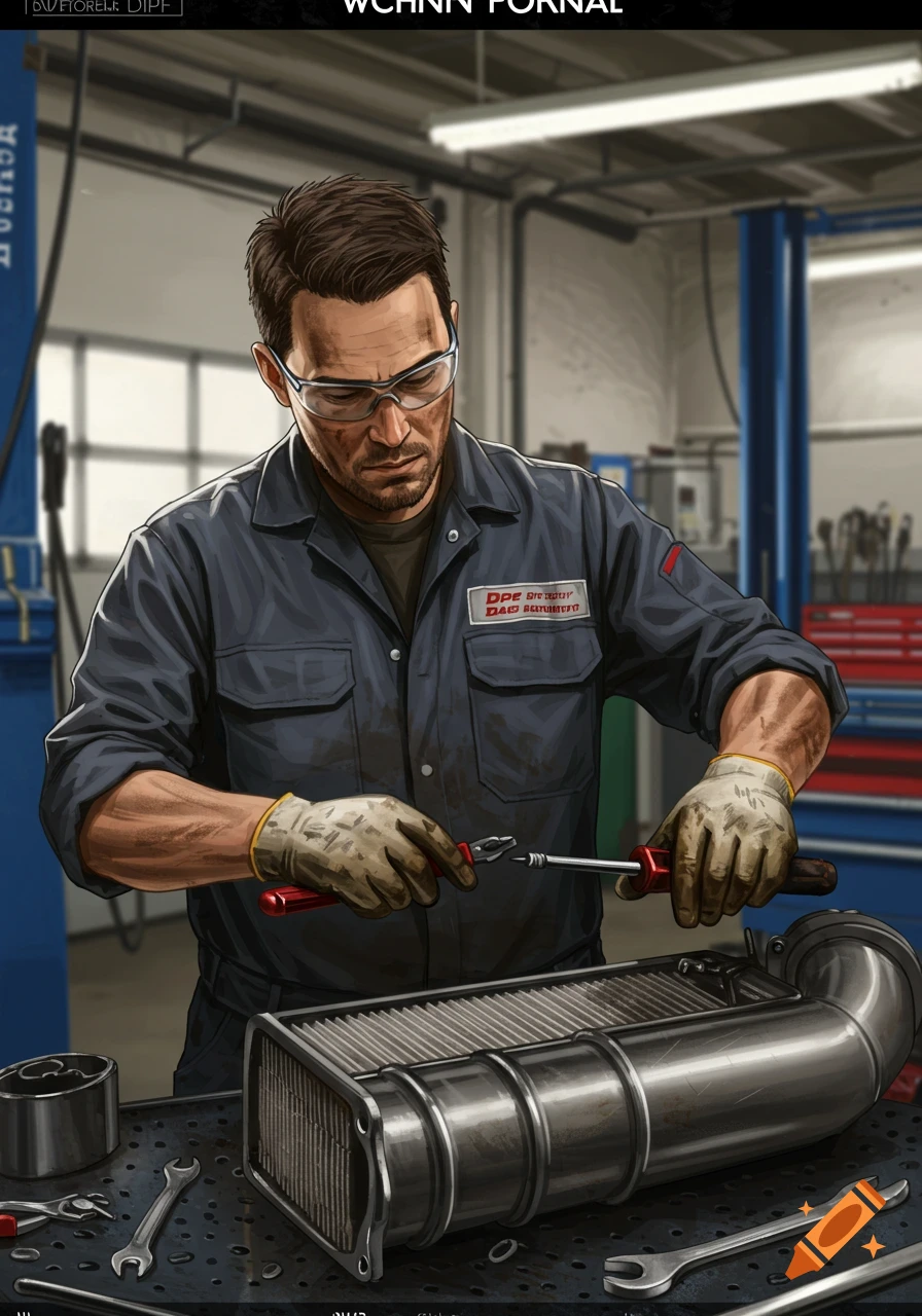 Man in uniform and safety glasses cleaning a mechanical part in a garage
