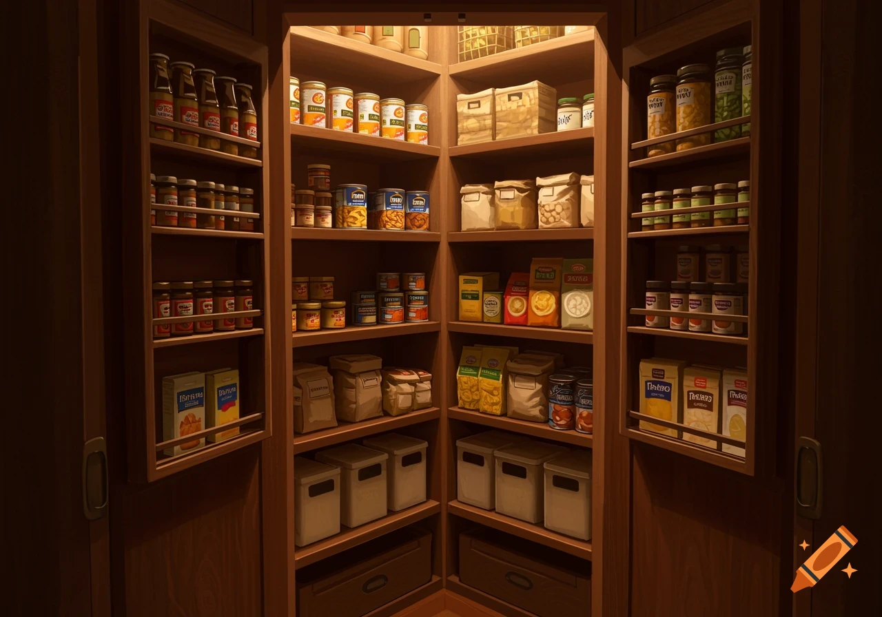 A view inside a pantry with shelves full of cans, boxes, and bags of food.