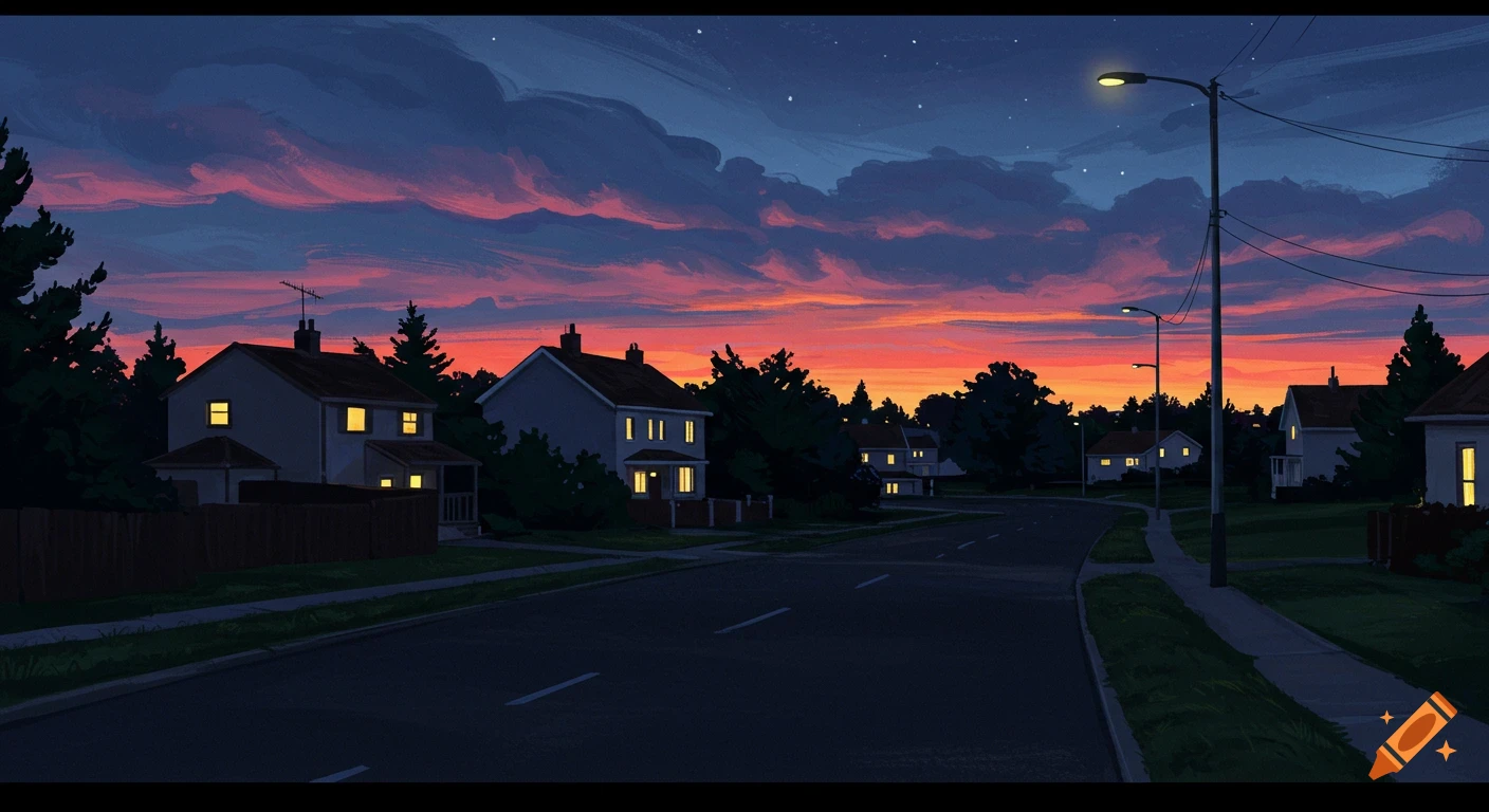 Suburban street scene at dusk with houses and colorful sunset sky.