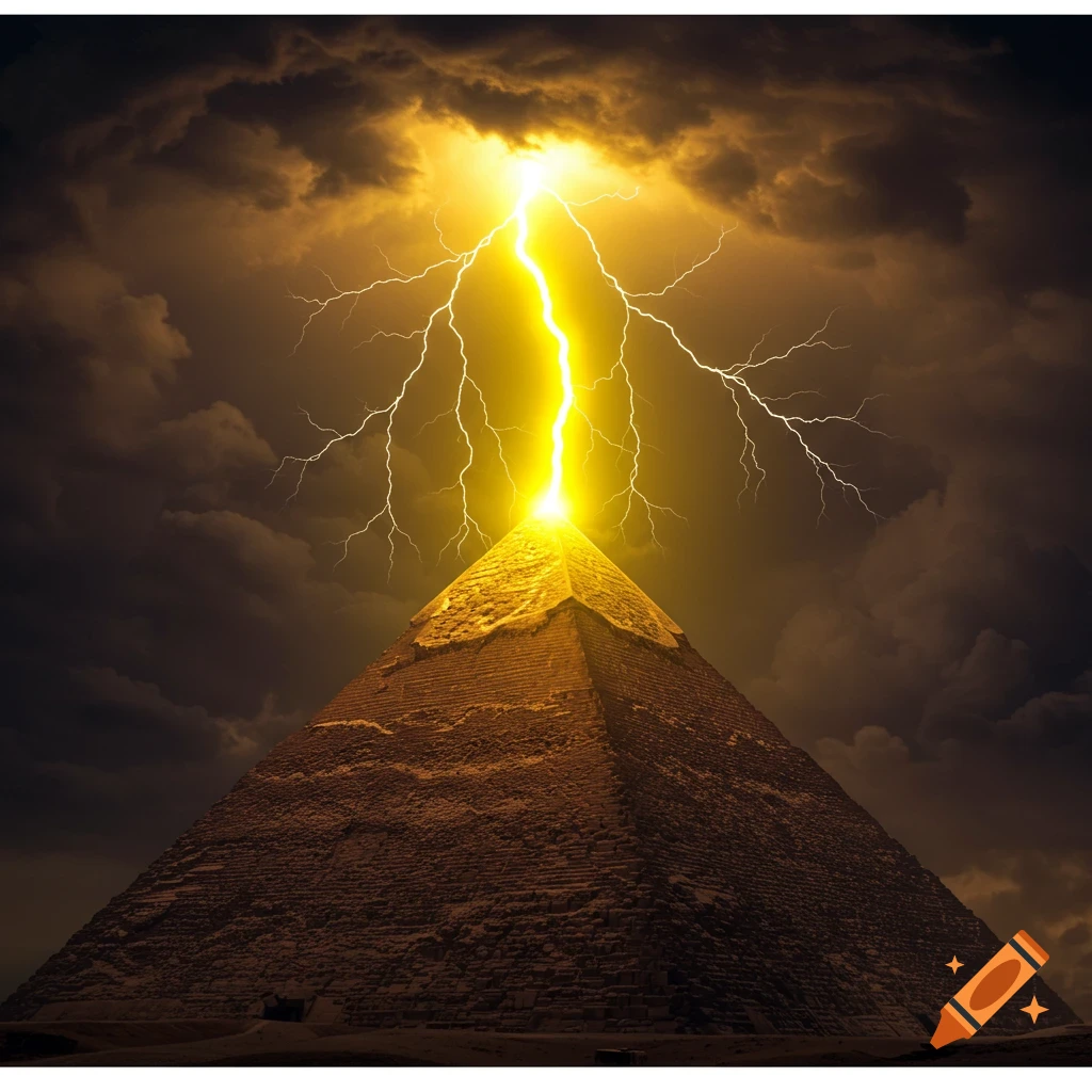 Yellow lightning strikes the peak of a pyramid during a dark storm.