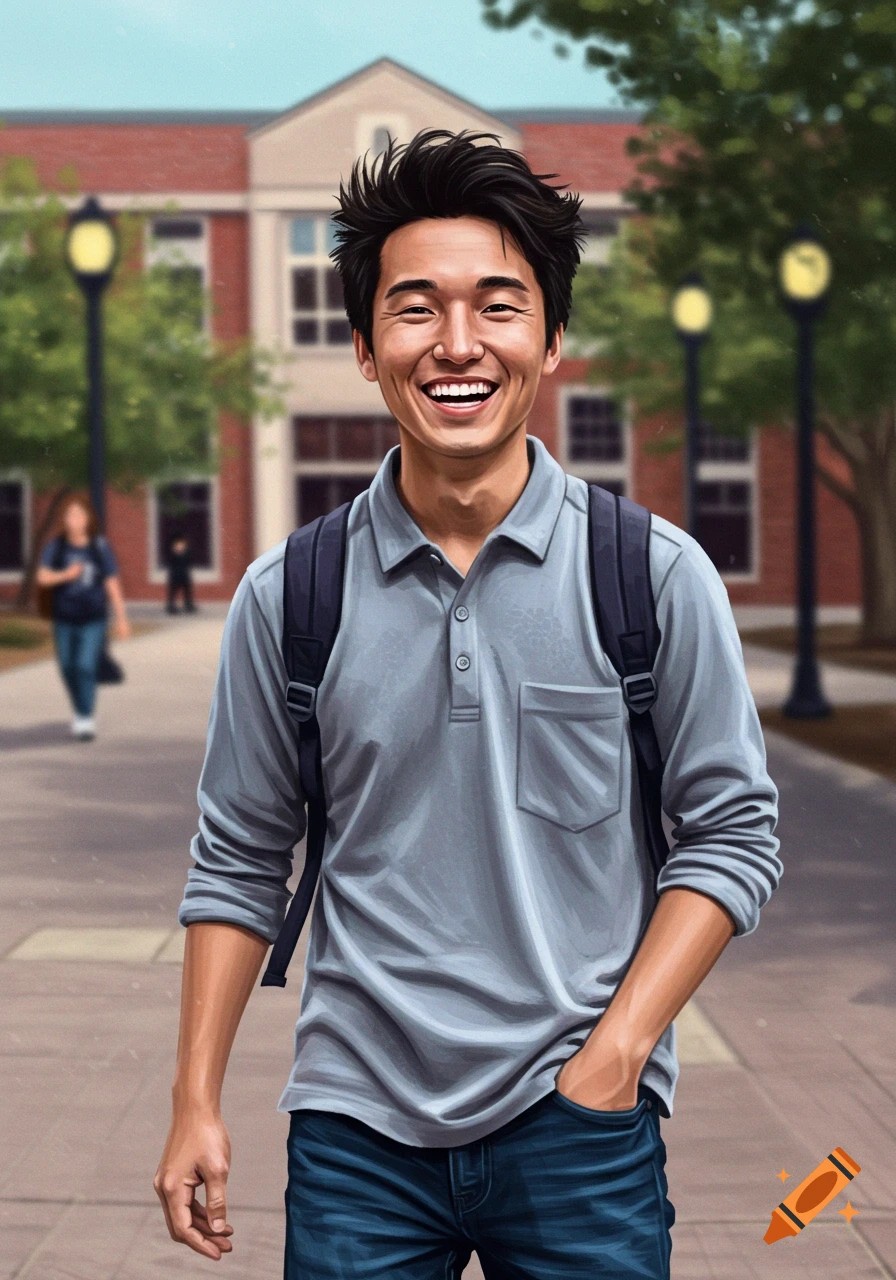 A smiling male college student with a backpack walks on campus. Illustration.