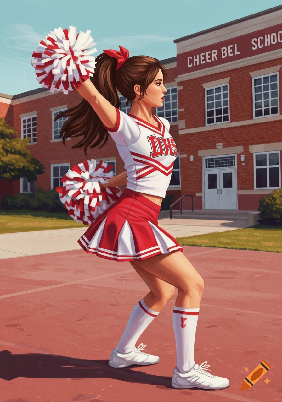 An illustration of a cheerleader with pom-poms in front of a school building.