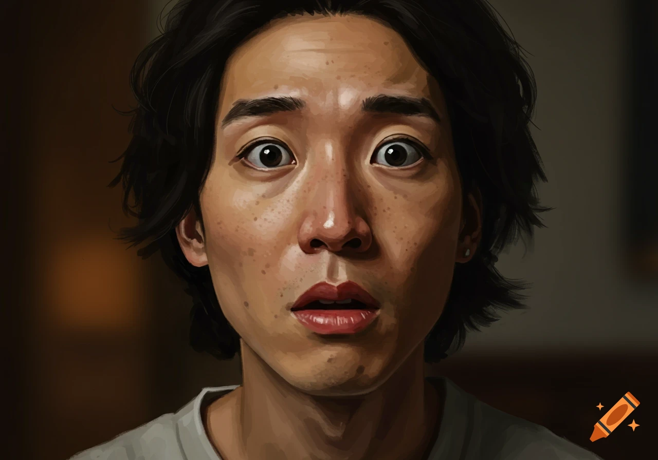 A close-up painting of a person with wide eyes and slightly open mouth, looking stunned.