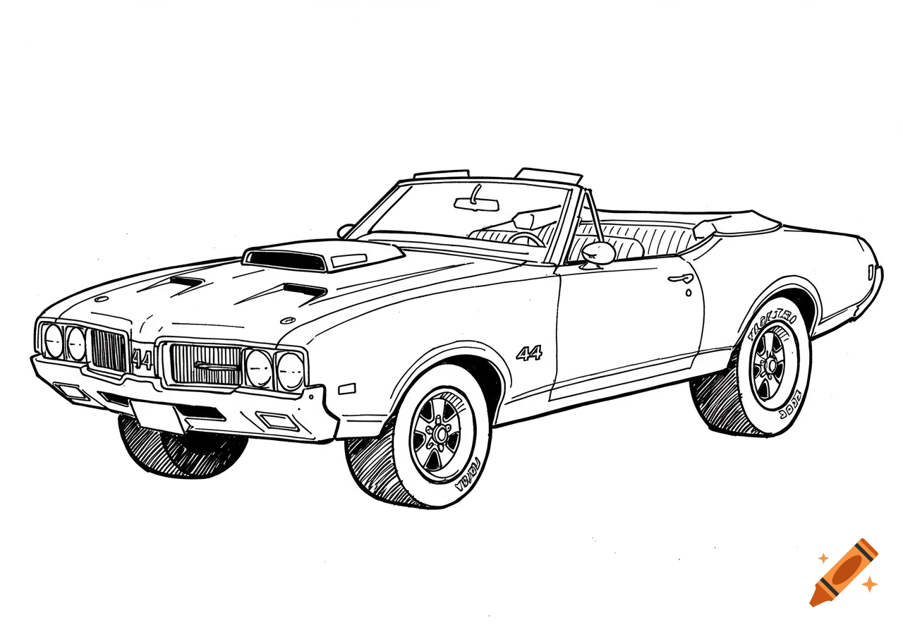 Black and white outline drawing of a 1968 Oldsmobile 442 convertible car.