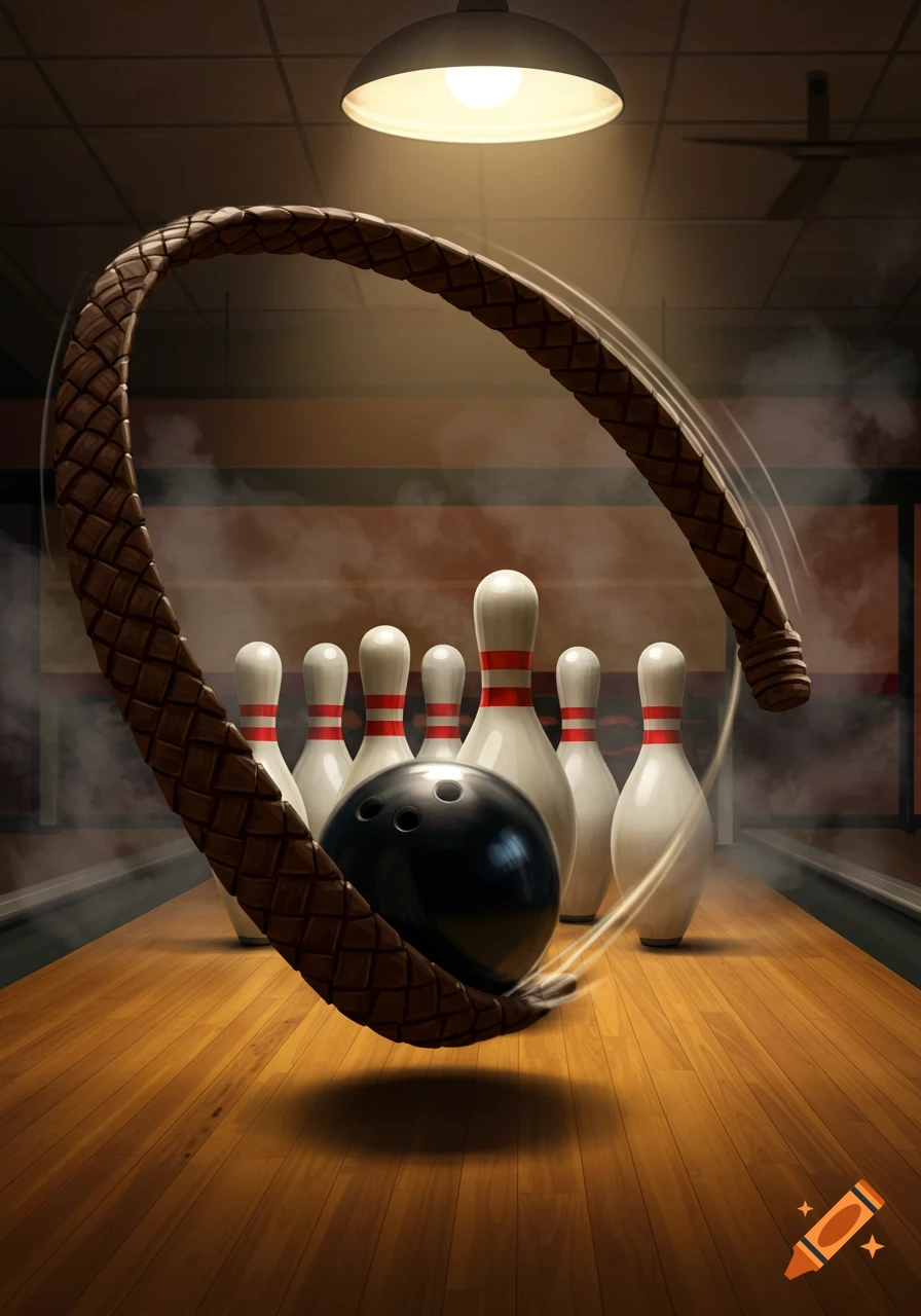 A bowling ball is slung towards pins on a bowling lane.