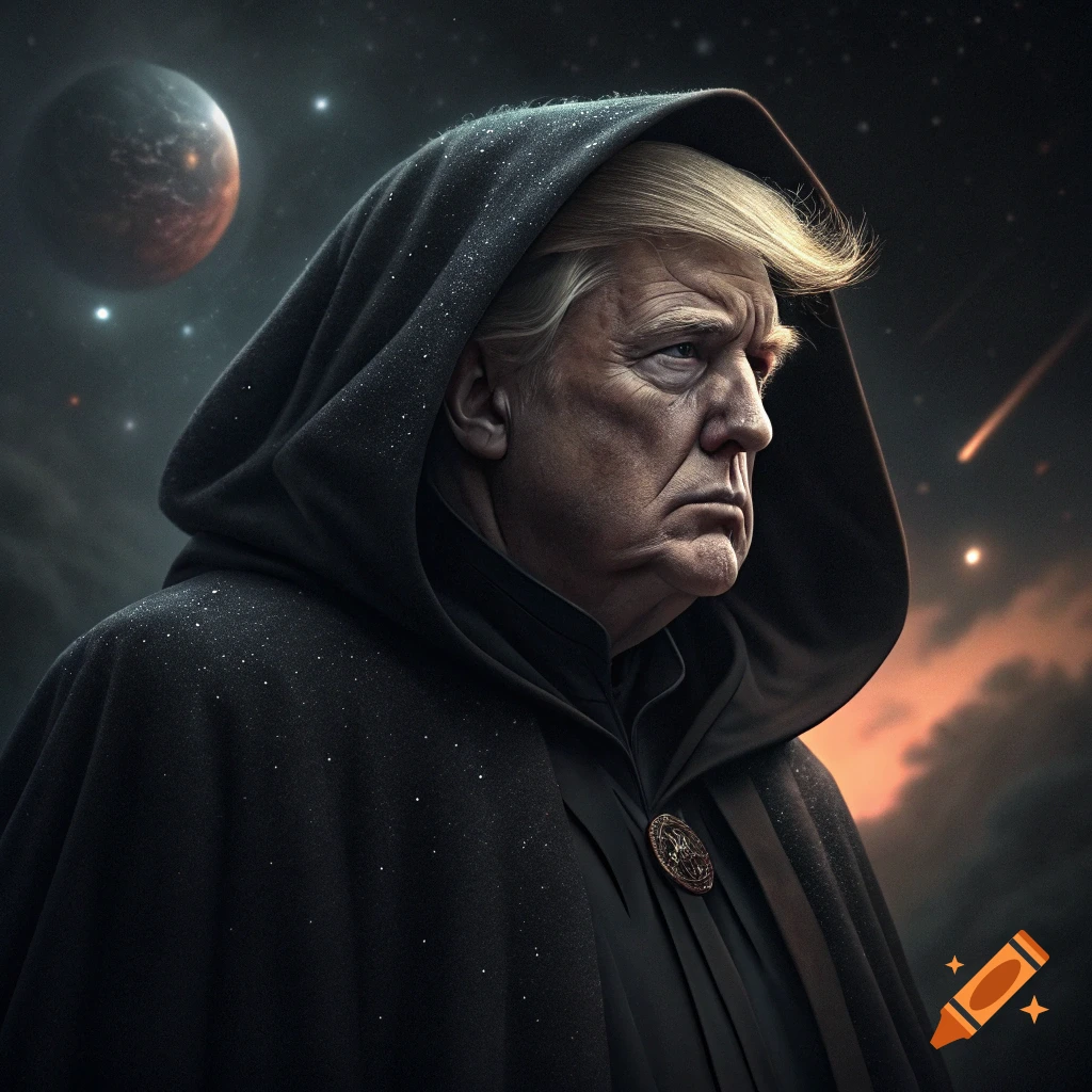 Man resembling Donald Trump in a hooded robe against a space background