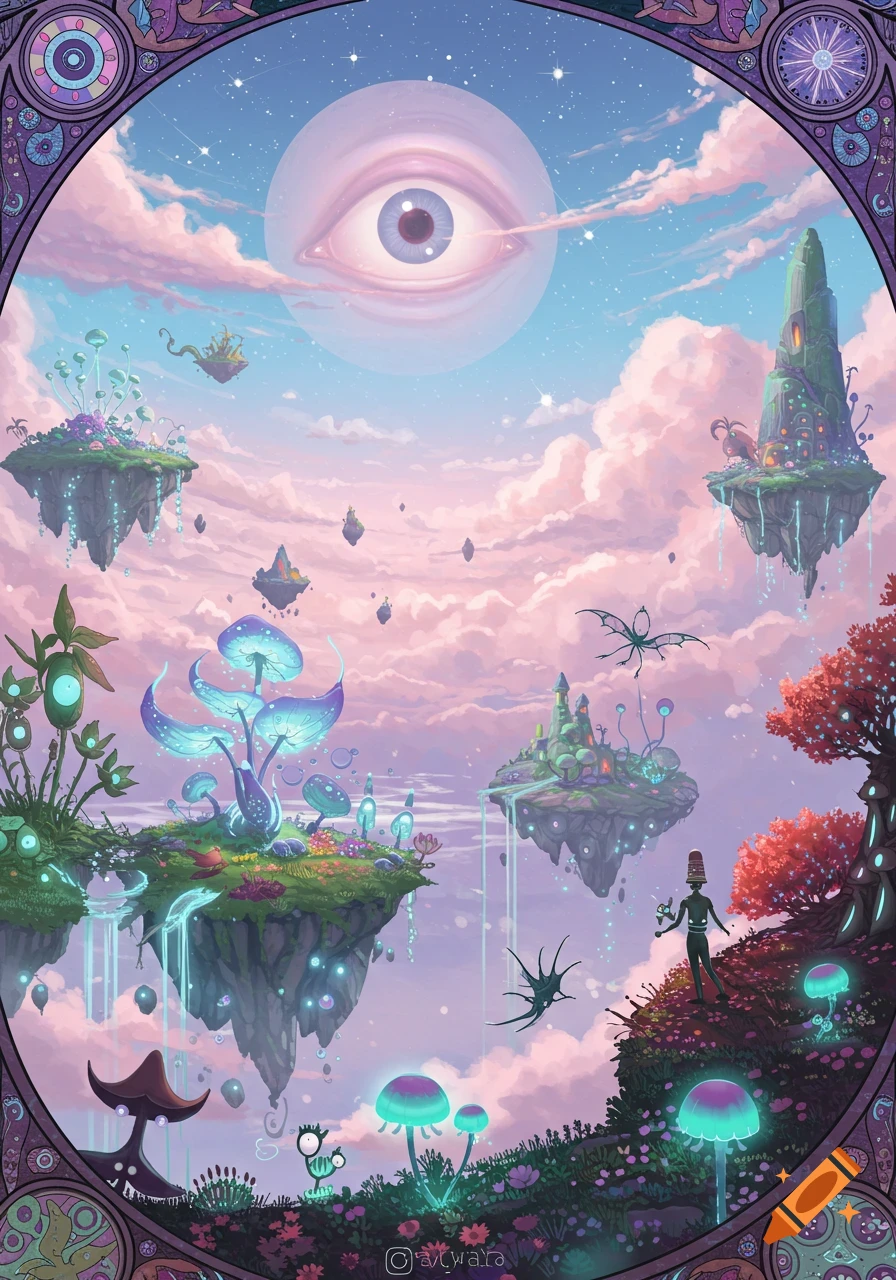 A surreal fantasy landscape with floating islands, giant glowing ...