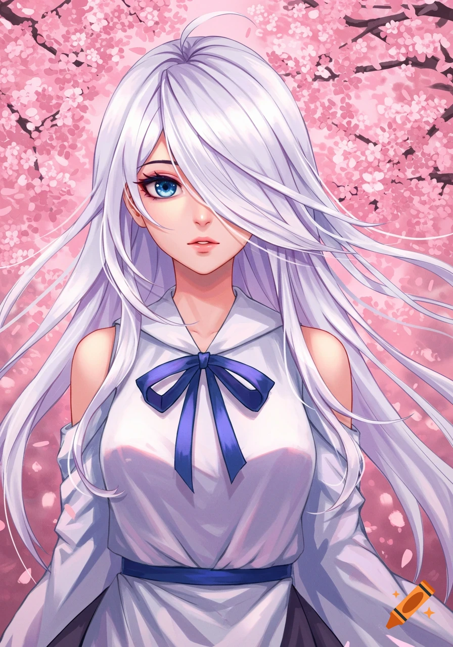 Anime girl with white hair covering one eye, wearing a white shirt with a blue bow, against a cherry blossom background