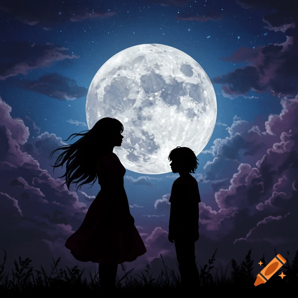Silhouettes of two people standing under a large full moon and starry night sky.