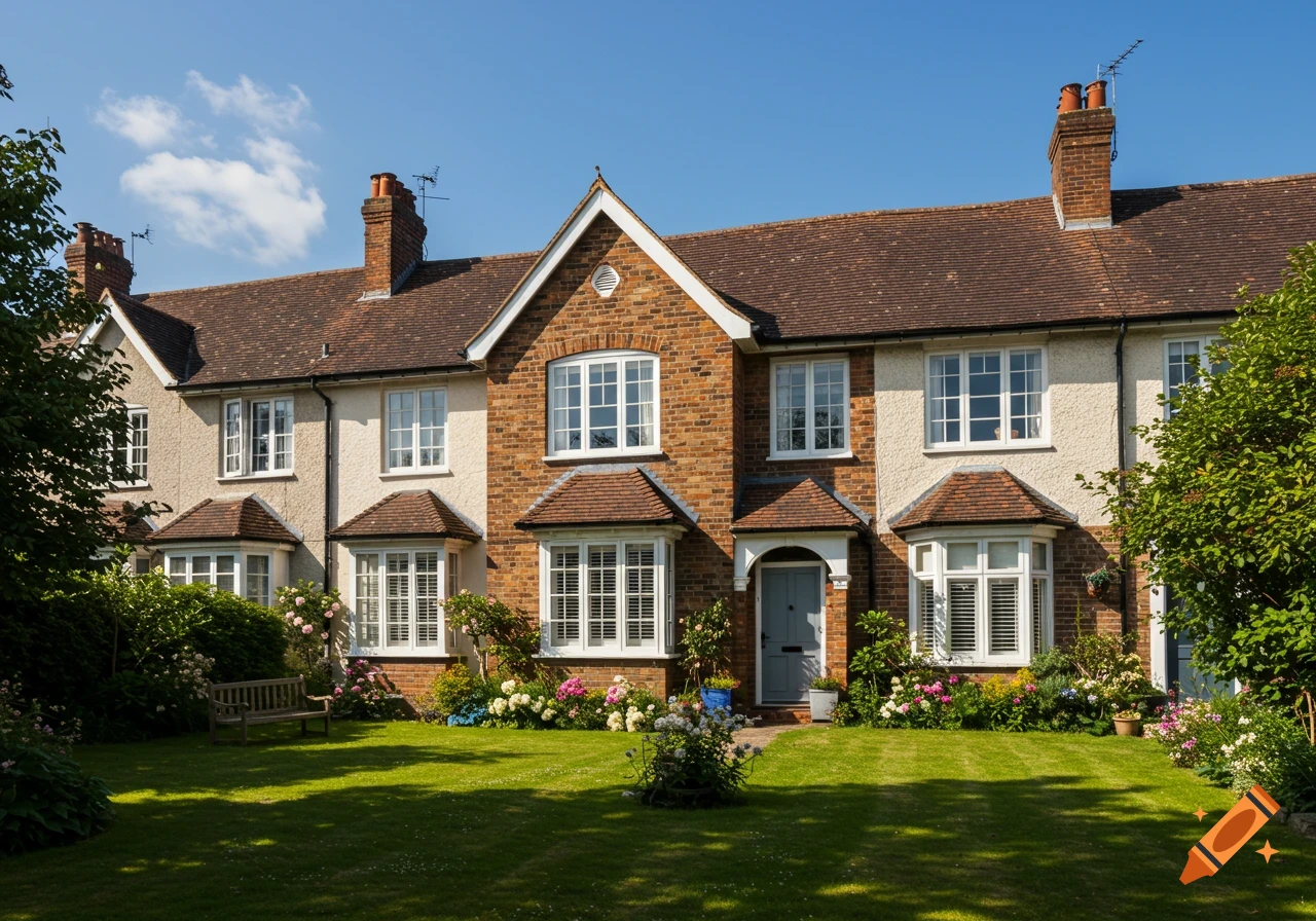 Terrace houses with a well-kept garden on a sunny day.