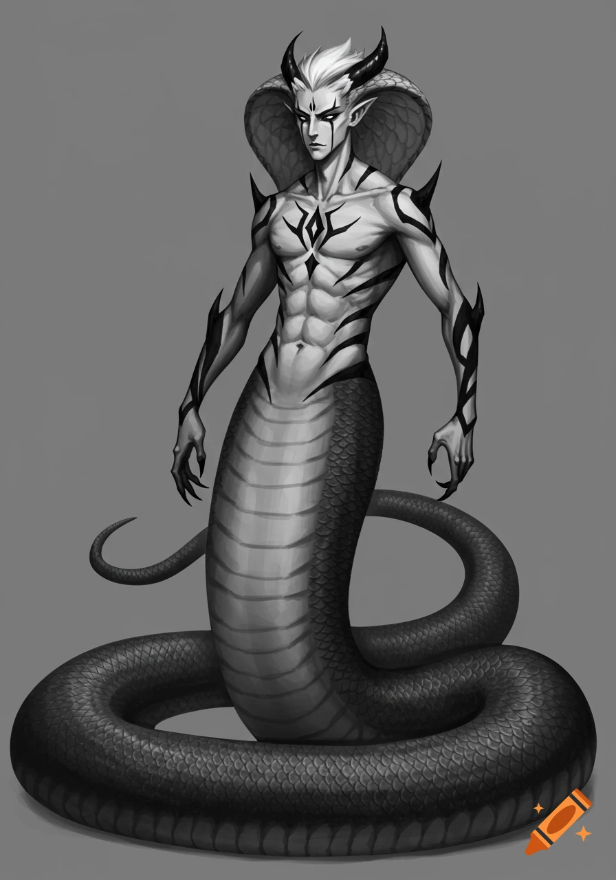Grayscale concept art of a muscular male snake man (naga) with horns and blackout markings.