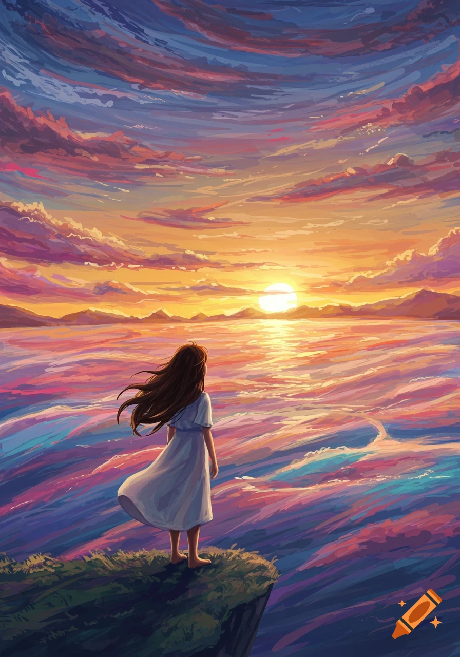 A girl stands on a cliff looking at a colorful stylized sunset over the ...