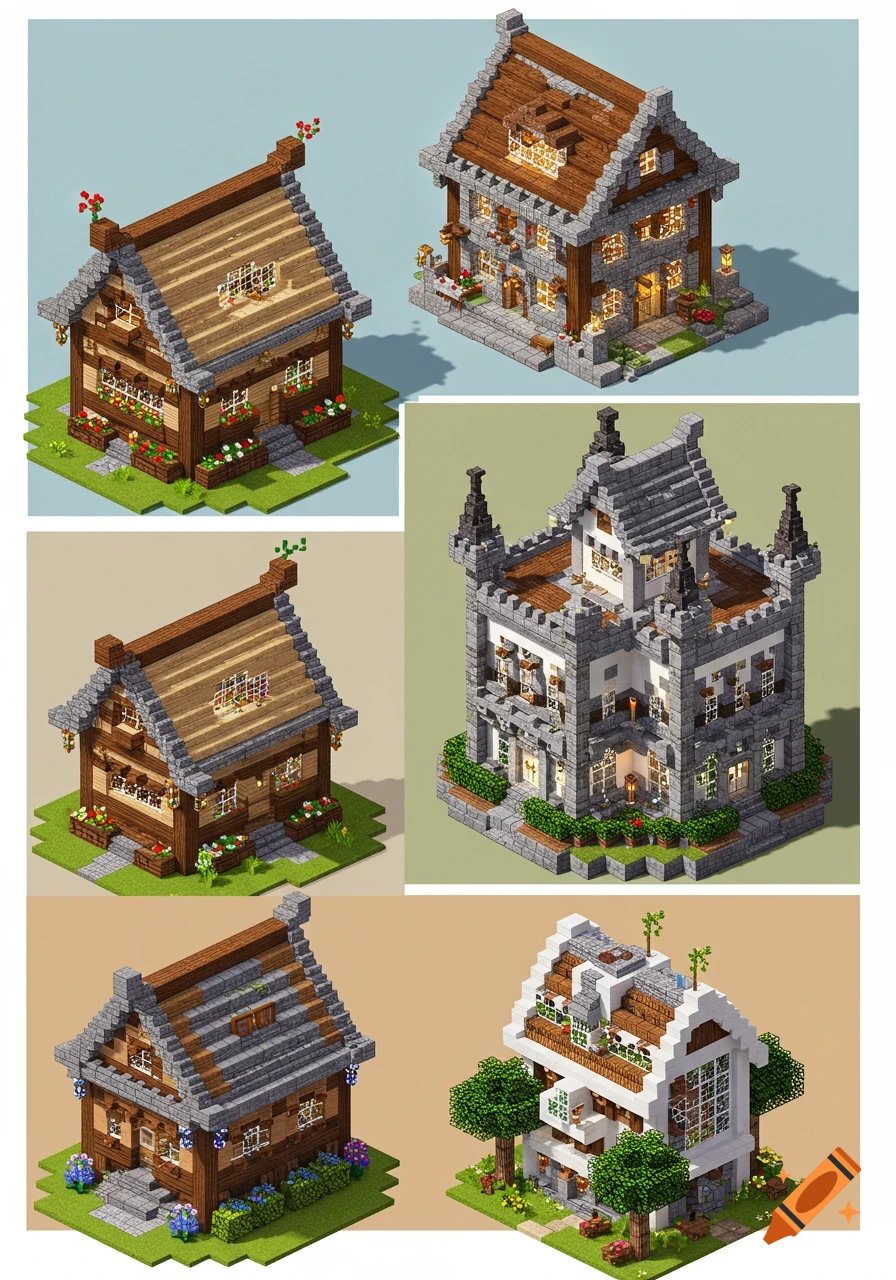 Multiple isometric views of various detailed Minecraft-style houses with gardens.