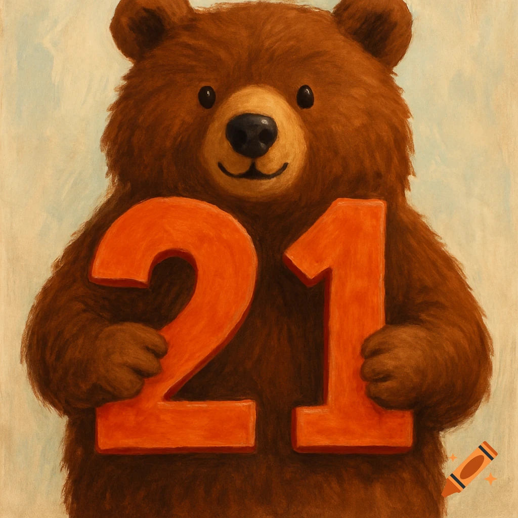 Cute illustration of a brown bear holding large orange numbers "21"