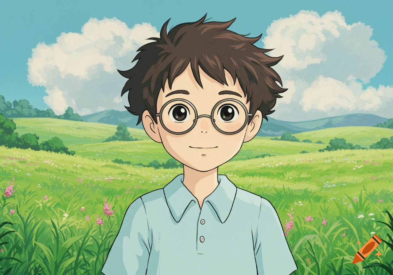 Anime boy with glasses and a light blue shirt in a field.