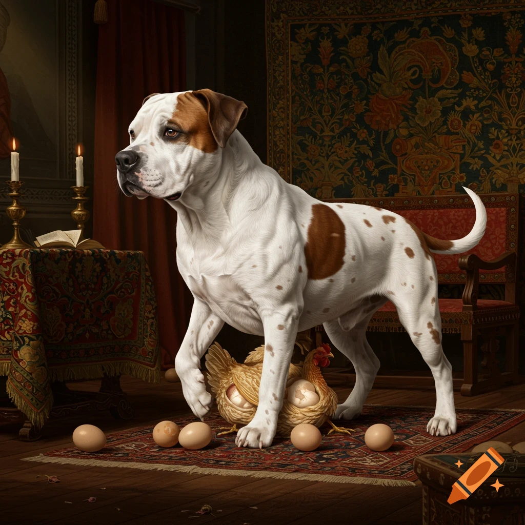 A dog stands over chickens nesting on eggs in a room, in the style of a renaissance painting.