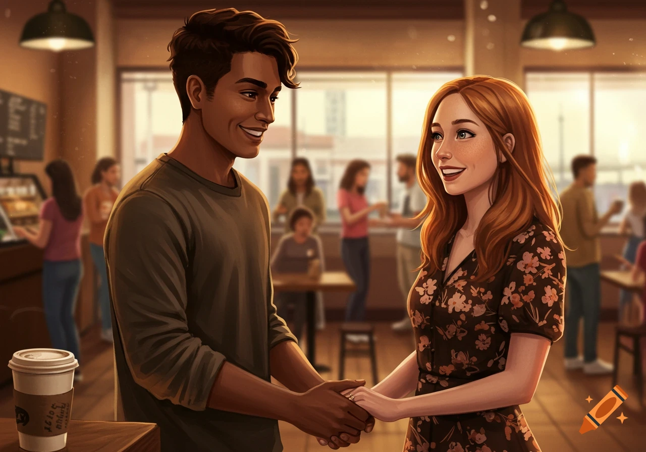 Illustration of a couple holding hands in a coffee shop