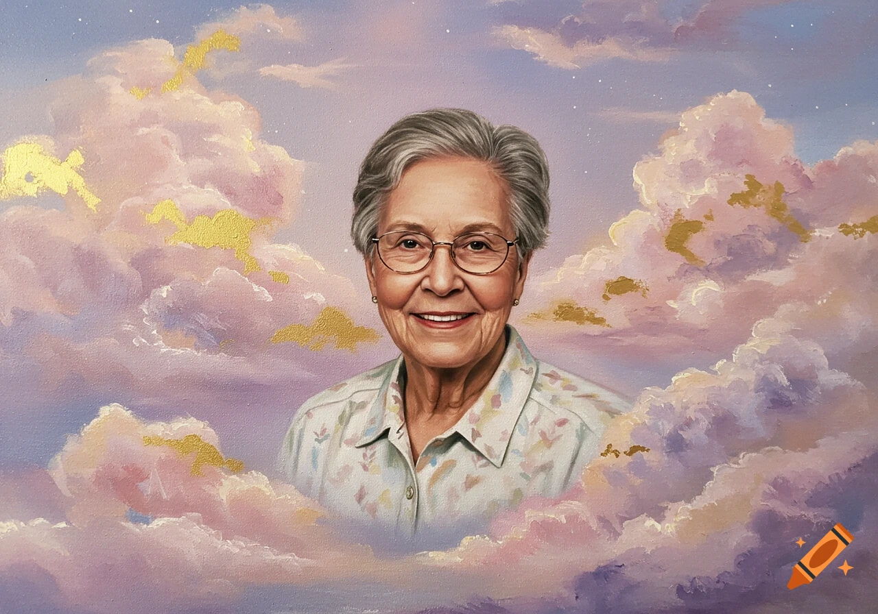 Painting portrait of an elderly woman smiling among pastel clouds with golden accents.