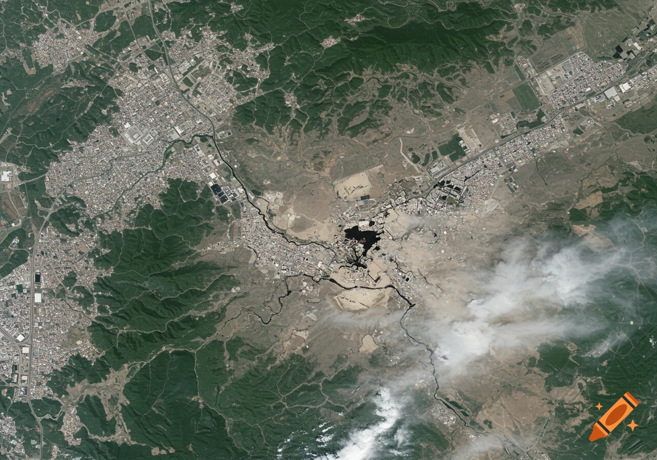 Satellite view of a city, mountains, river, and disturbed ground, potentially showing earthquake effects.
