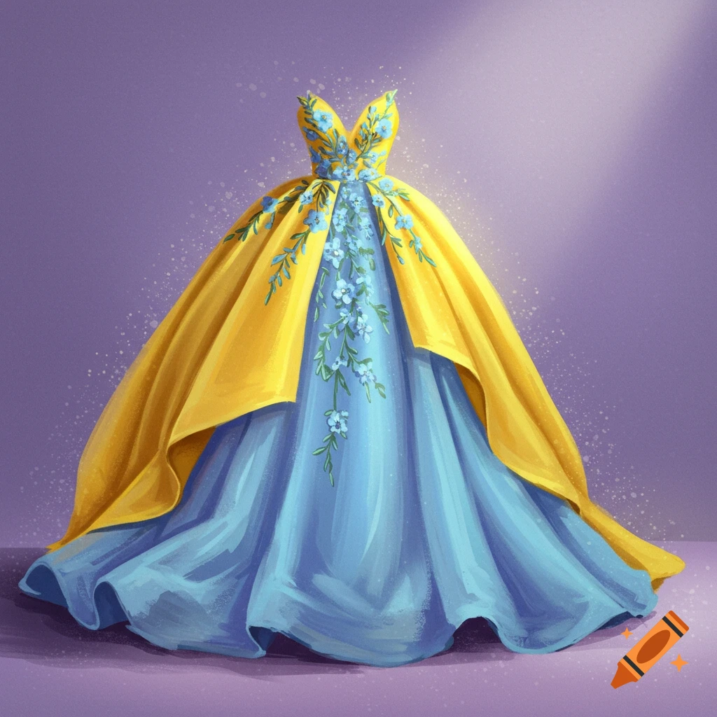 An illustration of a yellow and blue ball gown with blue floral details on the bodice.