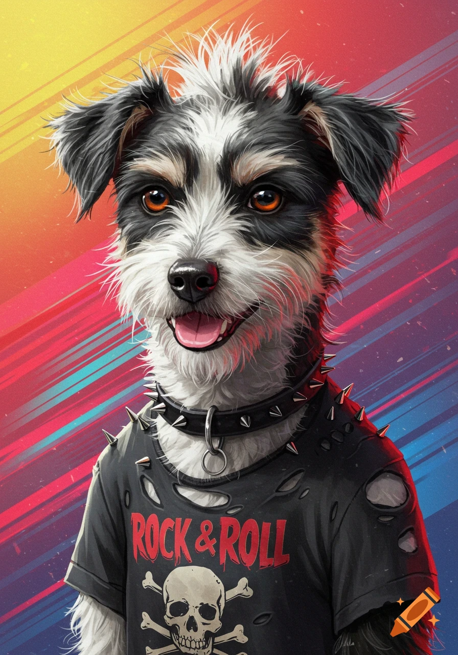 A dog dressed in a punk rock outfit with a spiked collar and ripped shirt that says 'ROCK & ROLL'.