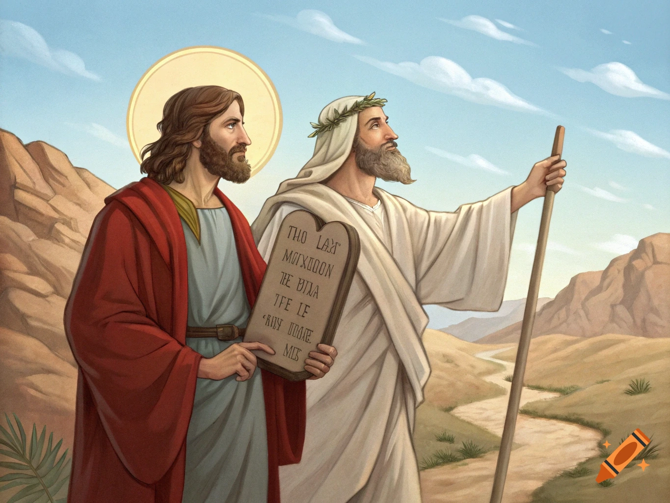 Illustration of Jesus and Moses with stone tablets walking in a desert landscape